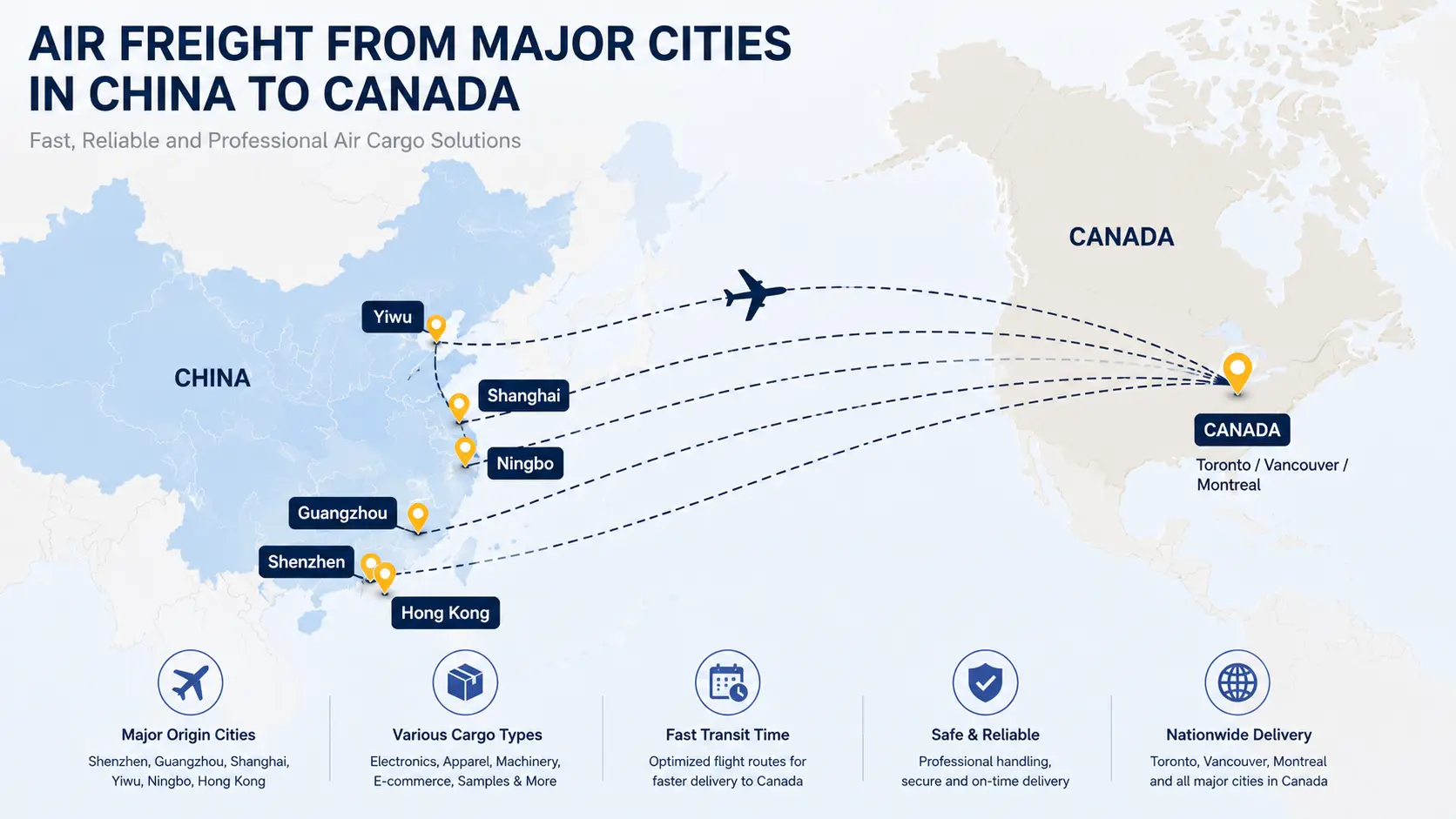 Air freight routes from China to Canada
