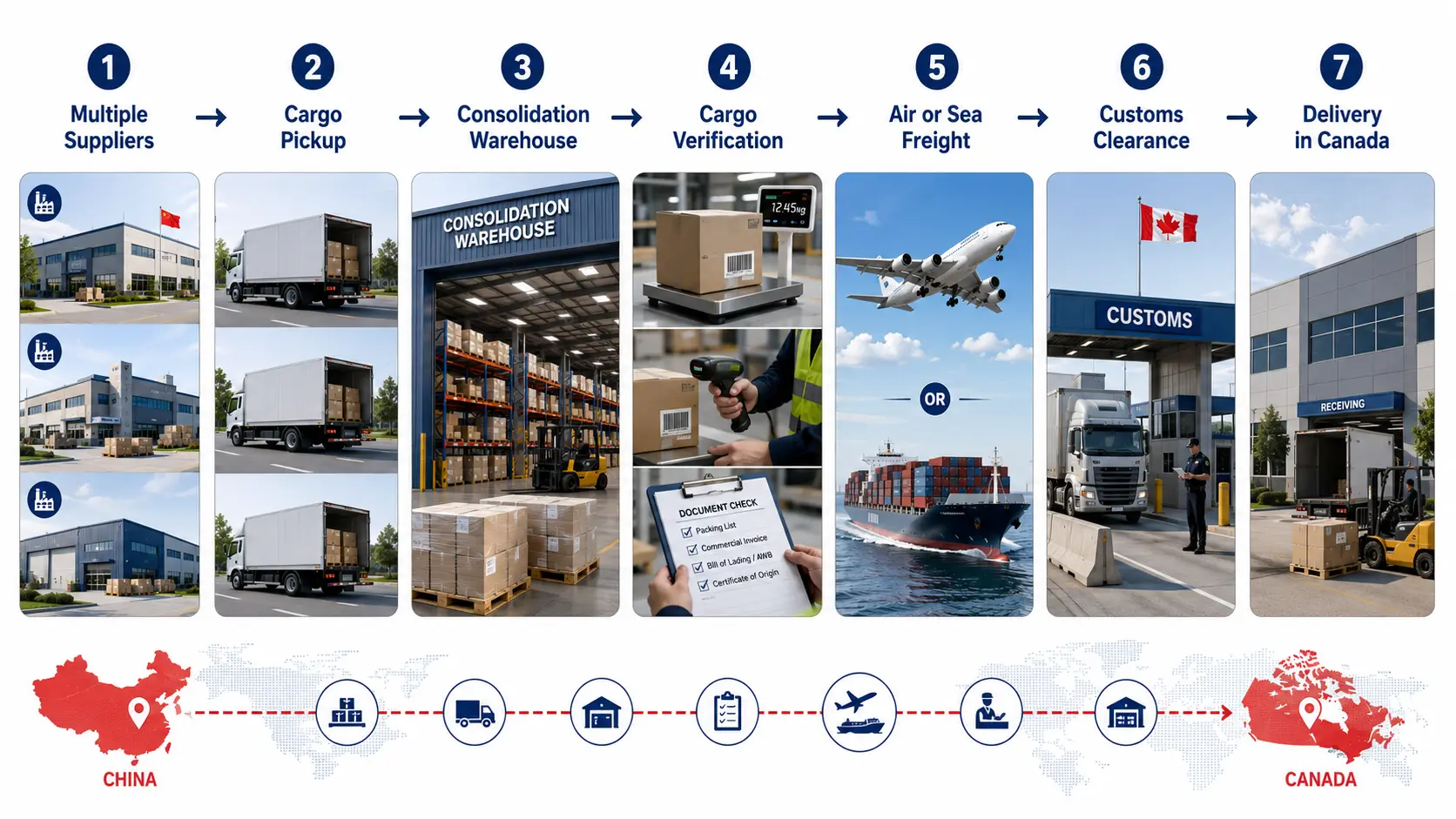 Freight consolidation process from multiple suppliers in China to delivery in Canada