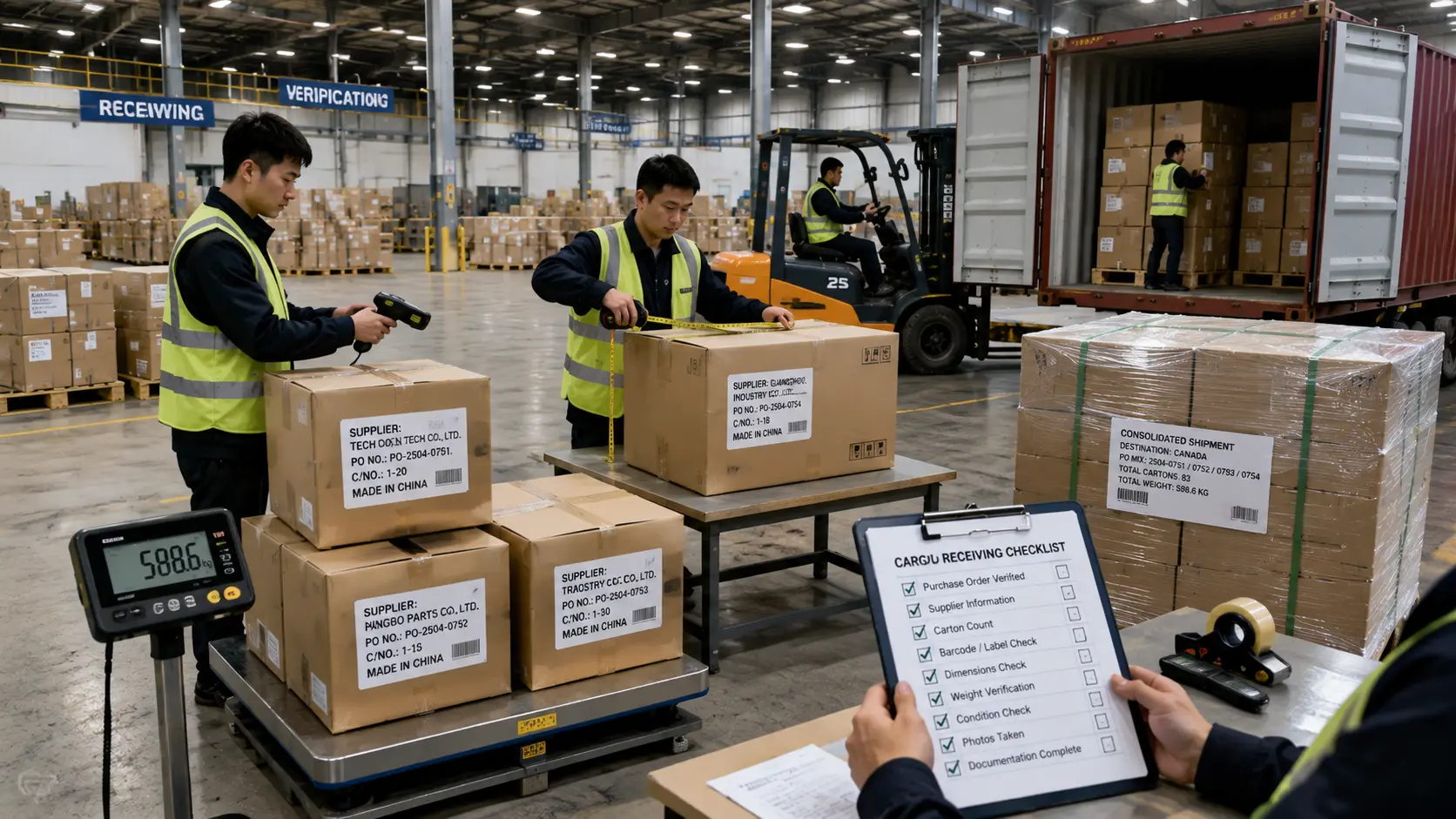 Multi-supplier cargo received at a freight consolidation warehouse in China