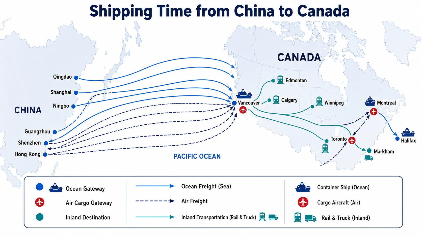 Ocean, air and inland freight routes from China to Canadian destinations