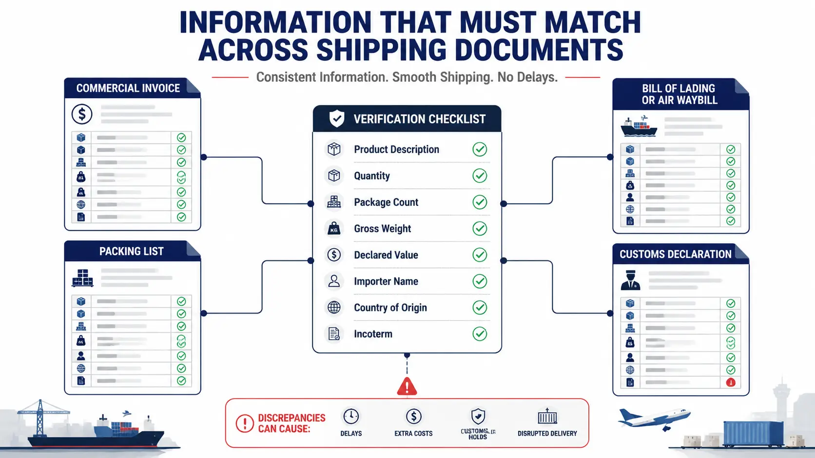 Information that must match across shipping documents for Canadian customs clearance